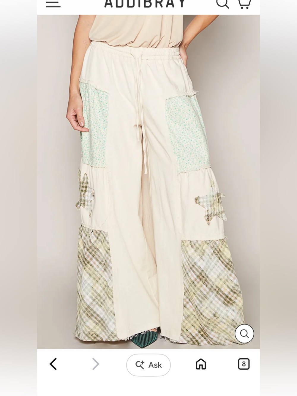 Cream Wide-Leg Patchwork Pants with Green Accents